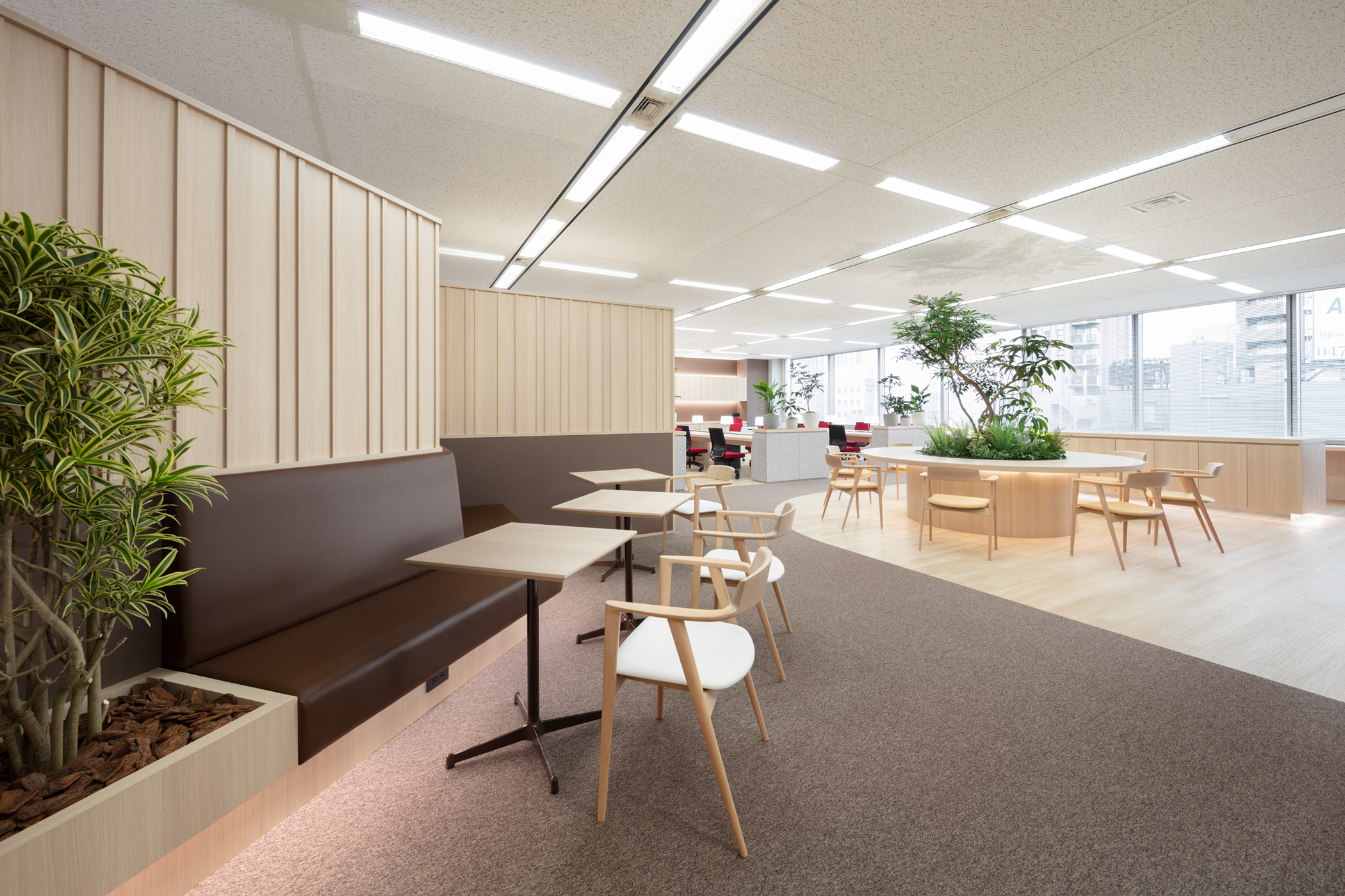 木目調を生かしたカフェのようなフリーアドレスのオフィスデザイン